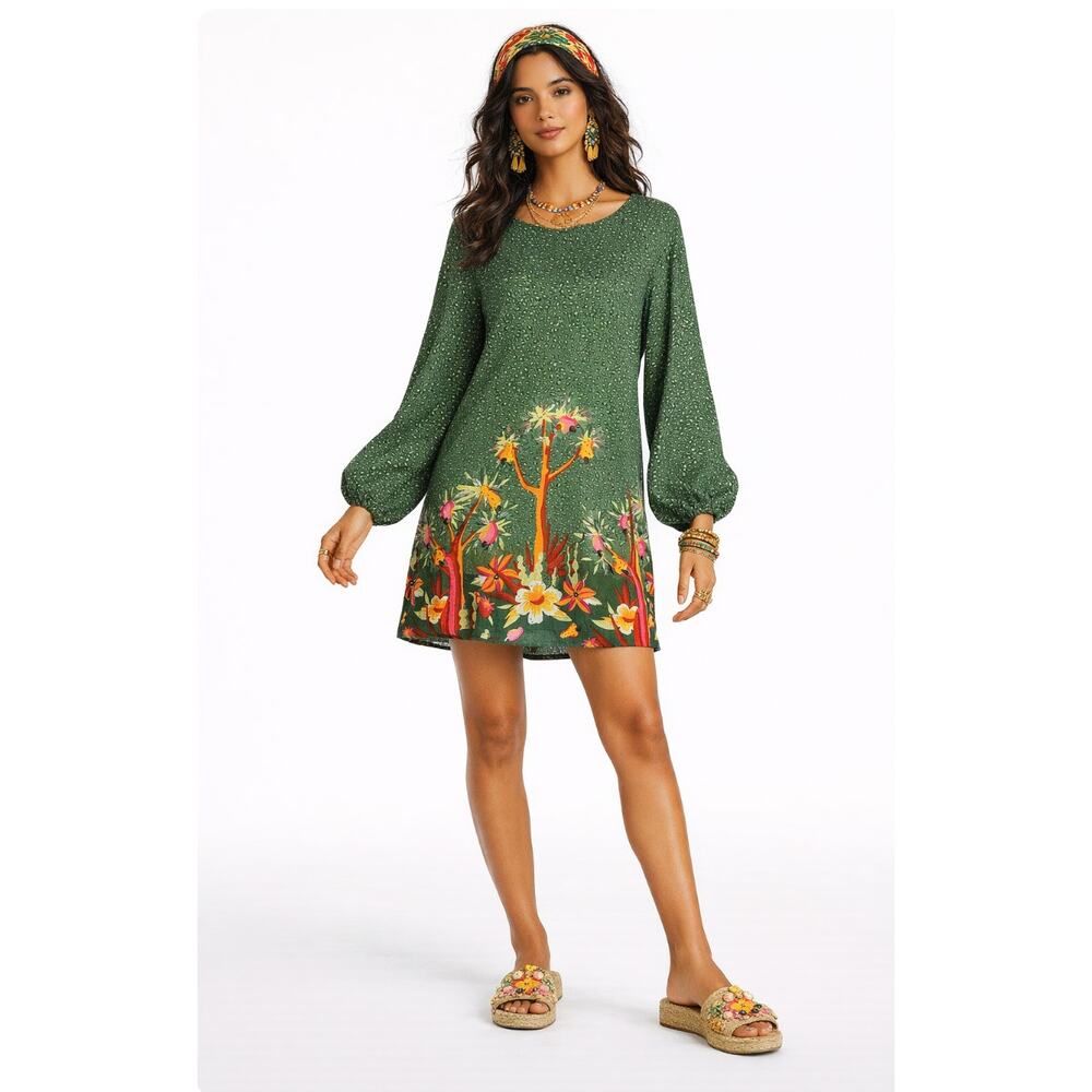 BLUESTEEL Green Tropical Floral Mini Dress Balloon Sleeve Shift Fit SZ M Resort